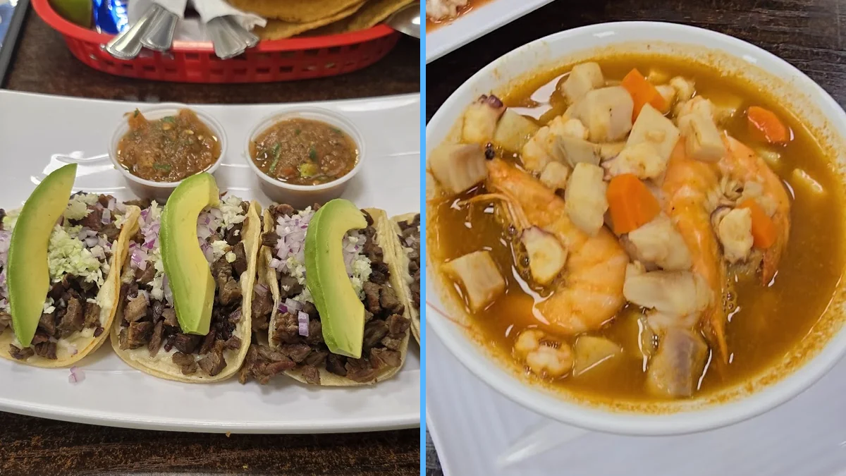 Outdoor seating beside a lively Mexican seafood spot.