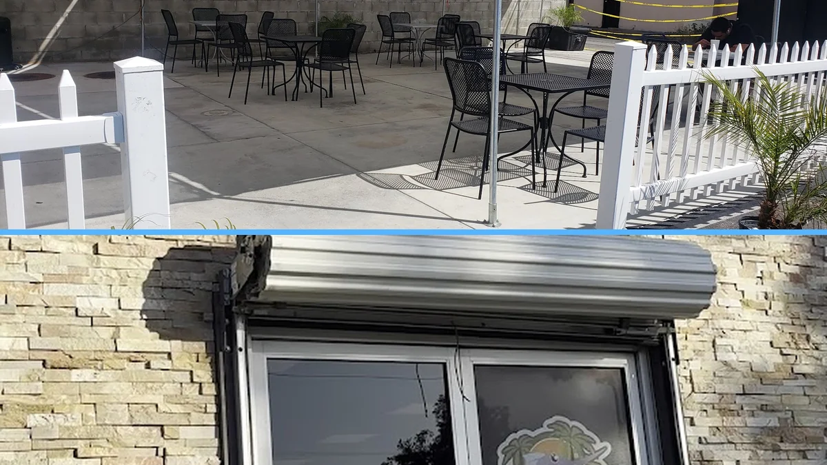 Outdoor seating beside a lively Mexican seafood spot.