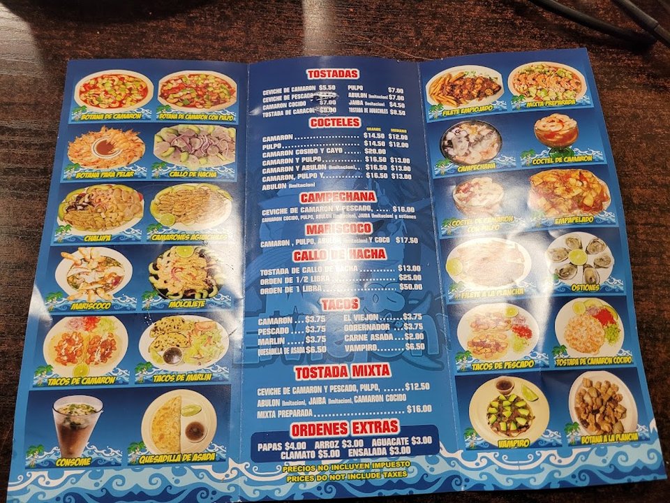 Seafood menu with cocktails and small plates.