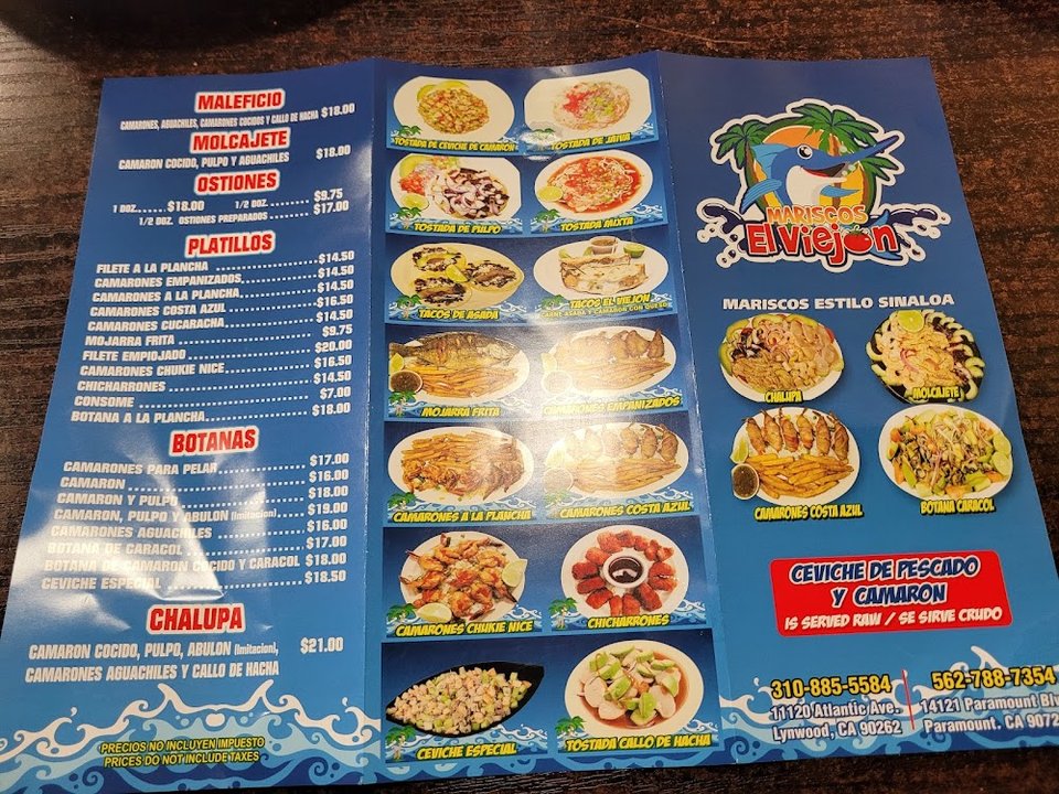 Restaurant menu featuring Mexican seafood specialties.